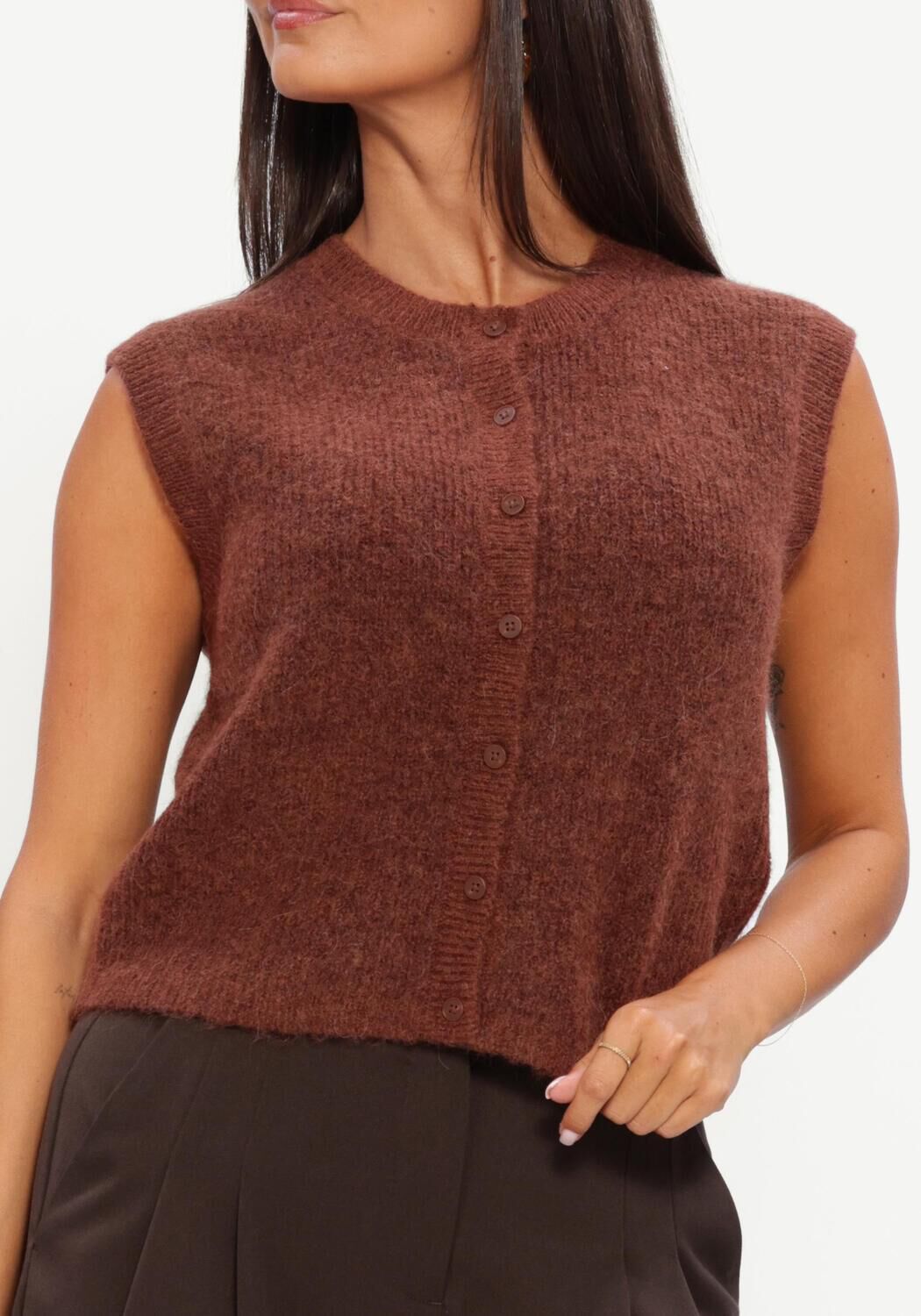 SELECTED WOMEN Pull SLWLULU SL BUTTON O-NECK VEST en marron - large