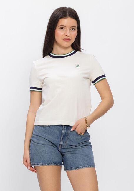 Ecru CALVIN KLEIN T-shirt SS CTN MONOGRAM STRIPE TRIM TEE - large