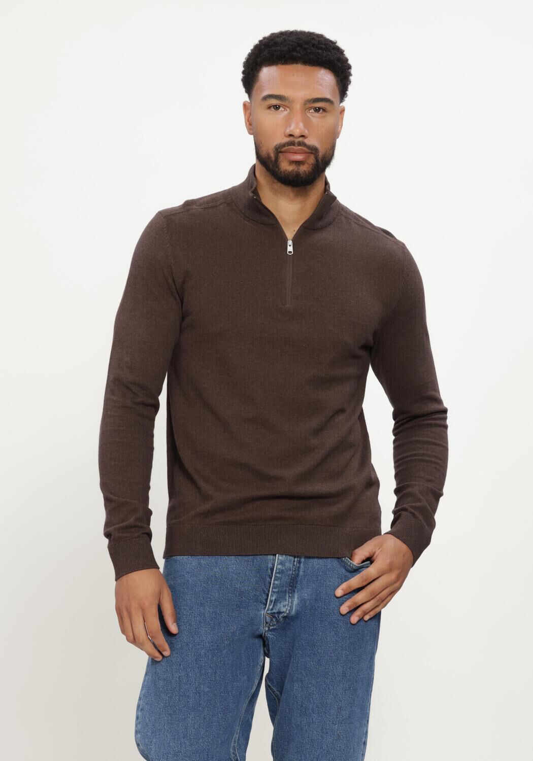 Bruine SELECTED MEN Trui SLHBERG HALF ZIP CARDIGAN NOOS - large