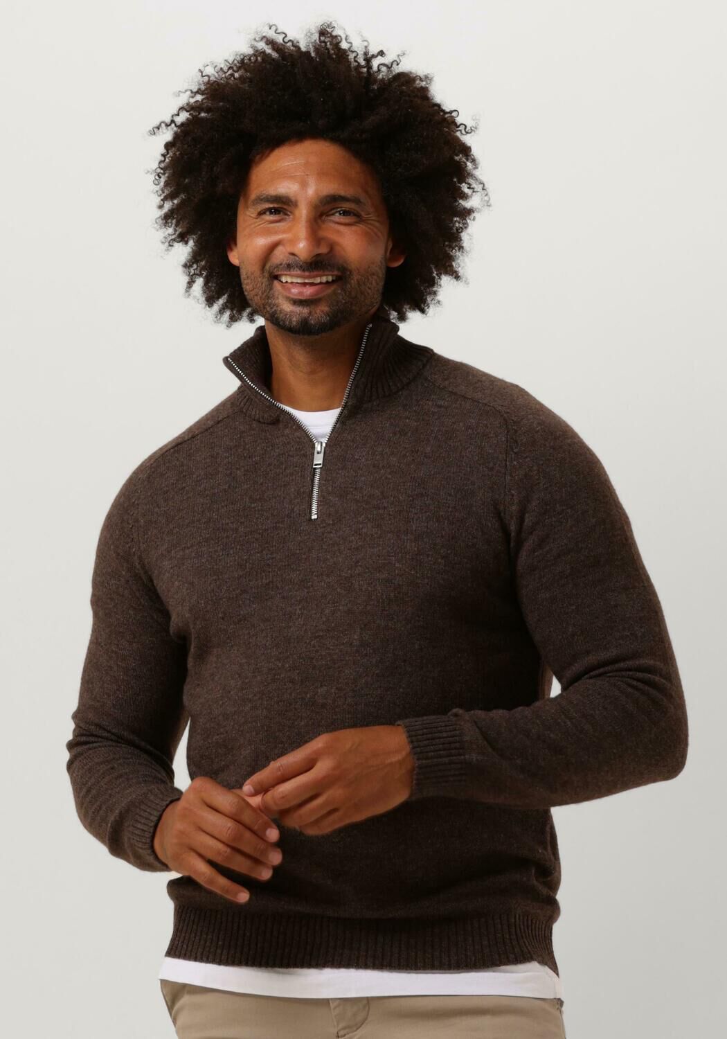 Bruine SELECTED HOMME Trui SLHREG DAN WOOL MIX ZIP HIGH NECK OW Omoda