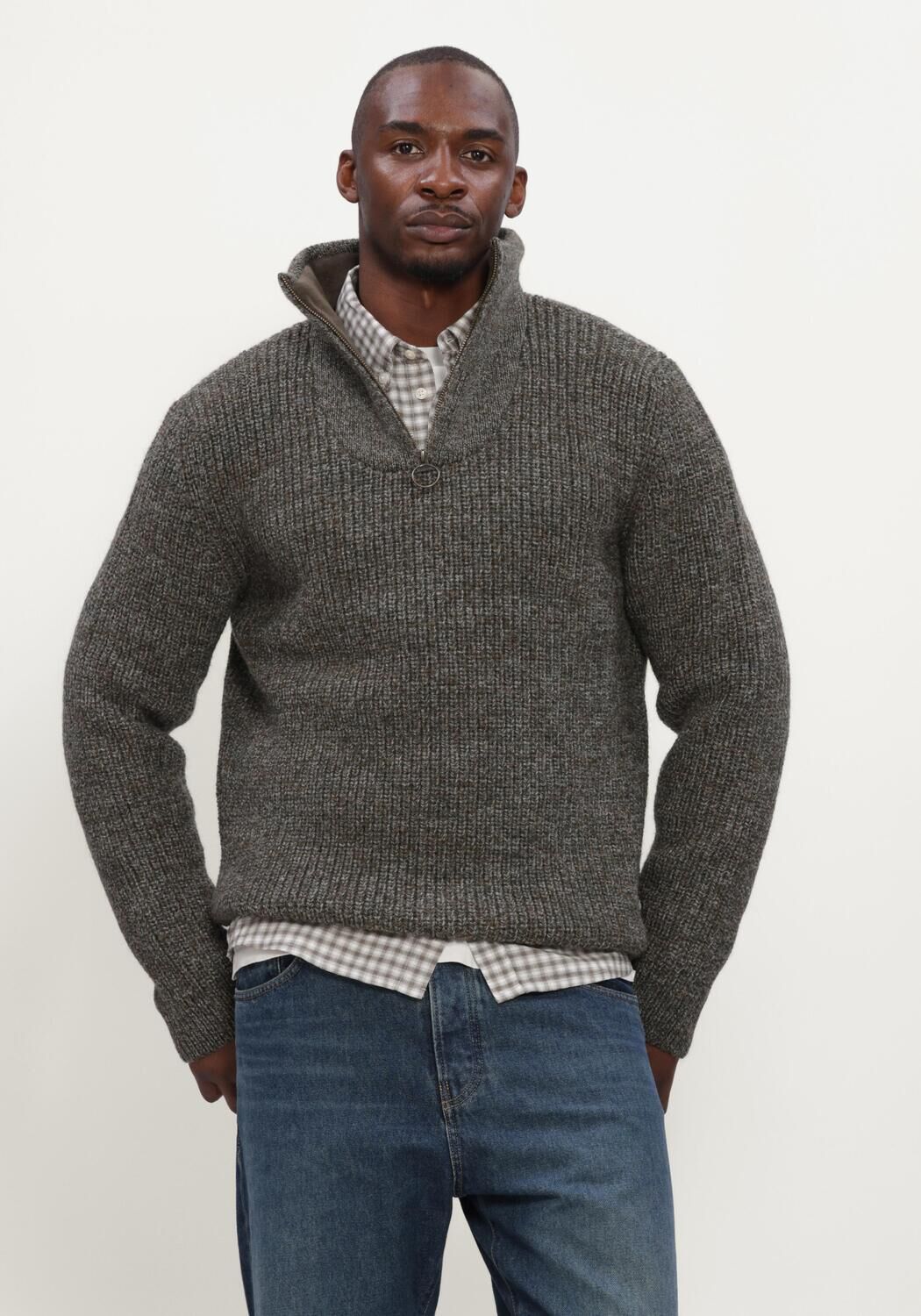 BARBOUR Pull NEW TYNE HALF ZIP KNITTED JUMPER Gris fonc&eacute; - large