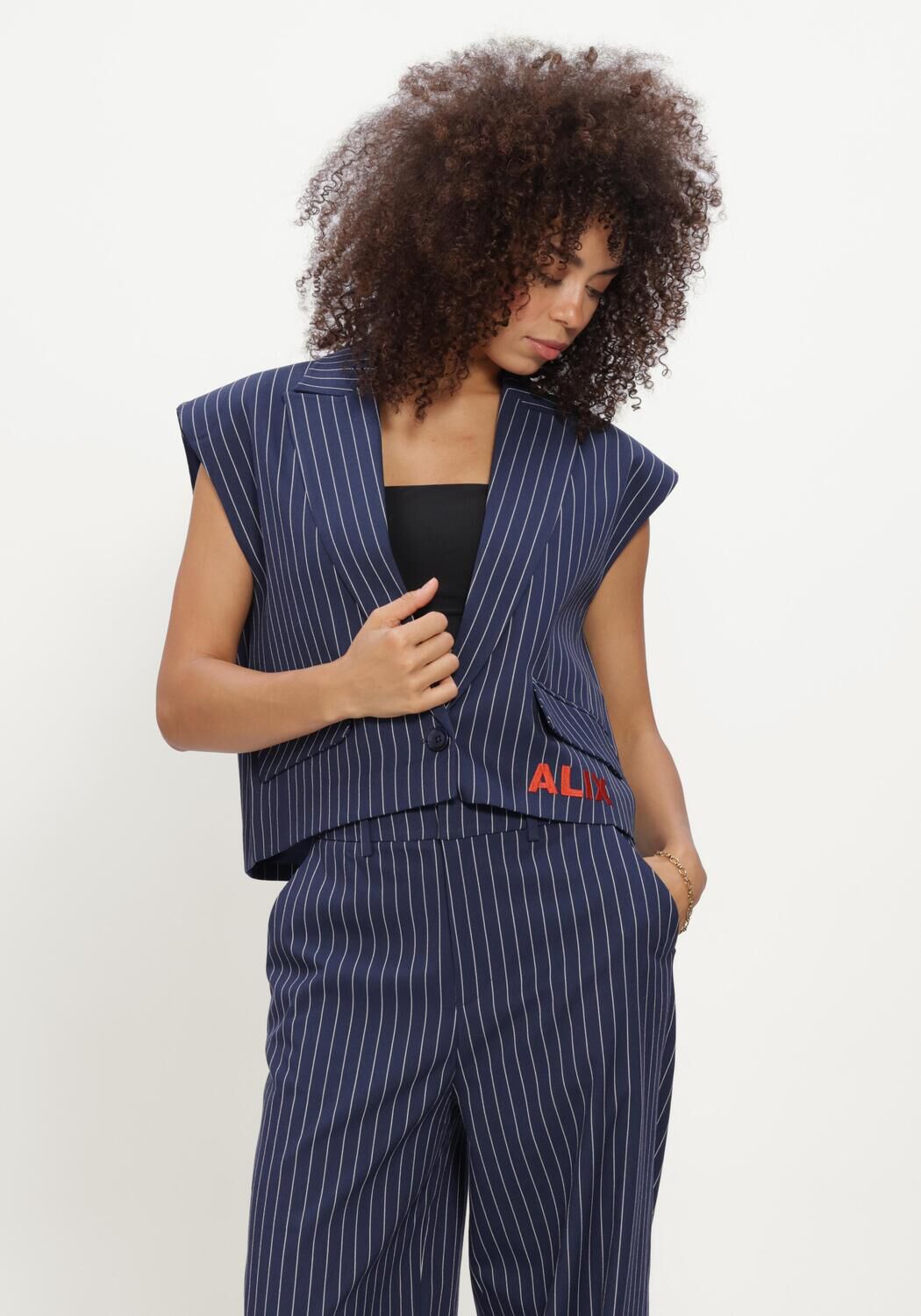 ALIX THE LABEL Gilet LADIES WOVEN STRIPED WAISTCOAT Bleu fonc&eacute; - large