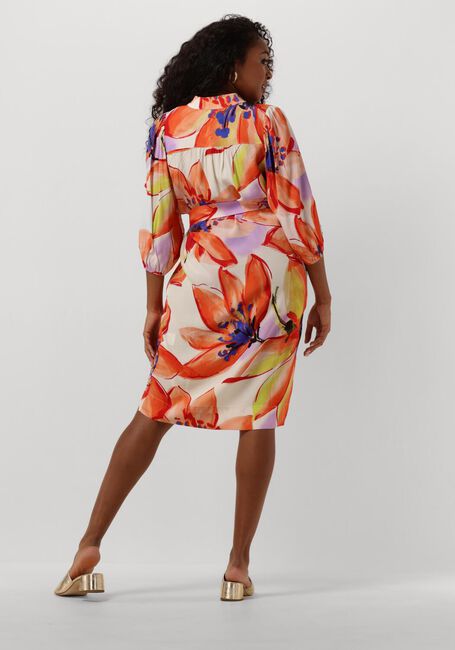 JANSEN AMSTERDAM Robe midi WBF514 WOVEN PRINT DRESS KNEELENGTH V-NECK 3/4 PUFFED SLEEVE en orange - large