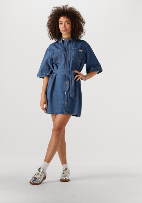 Blauwe CALVIN KLEIN Mini jurk LINEN BOXY BELTED SHIRT DRESS - large