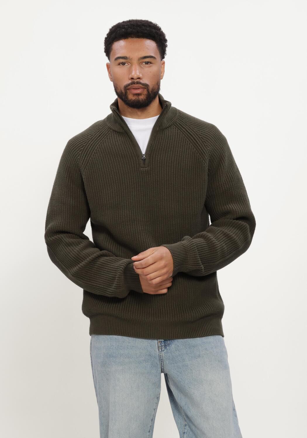 Donkergroene ANERKJENDT Trui AKSUNE PATENT HALF ZIP KNIT - large