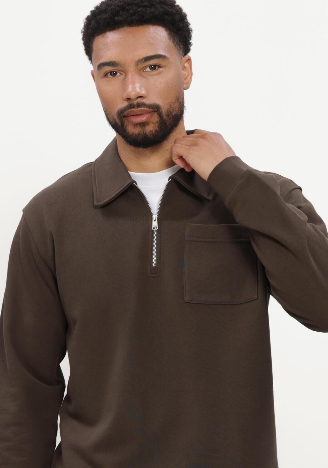 Bruine SELECTED MEN Trui SLMSCOTT LS HALF ZIP SWEAT - large