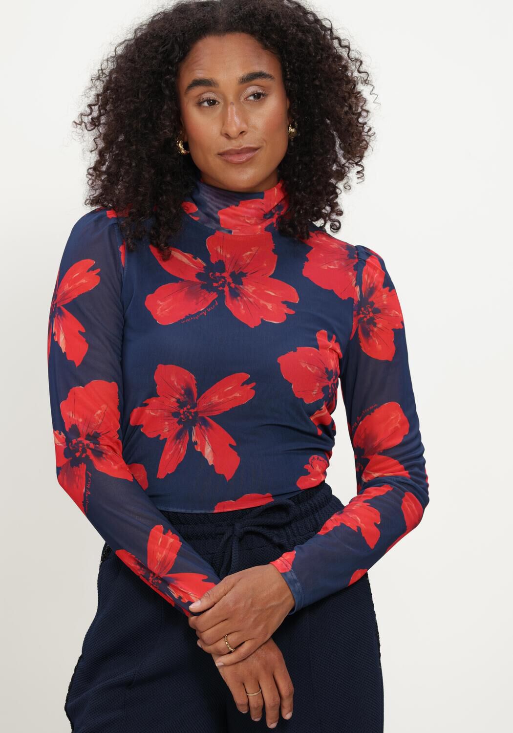 Donkerblauwe POM AMSTERDAM Top ROMI MESH BLOOM - large