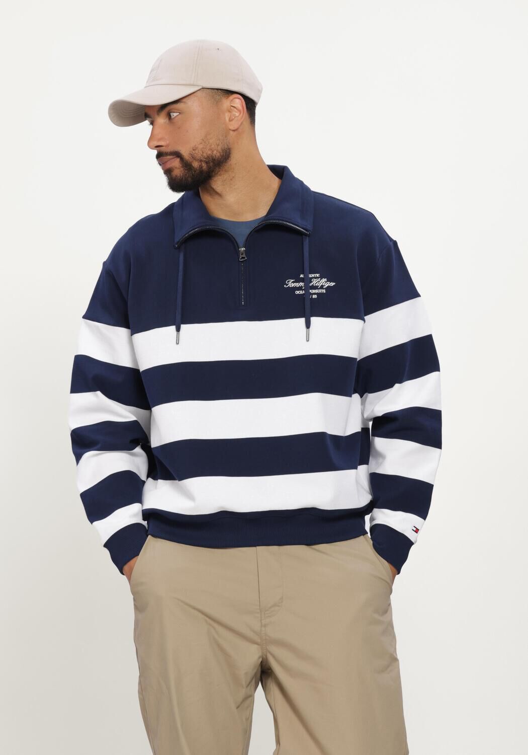 Donkerblauwe TOMMY HILFIGER Trui NAUTICAL BLOCK STRIPE 1/4 ZIP - large
