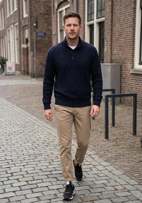 Donkerblauwe TOMMY HILFIGER Trui CLASSIC COTTON CABLE BTTN MOCK - large