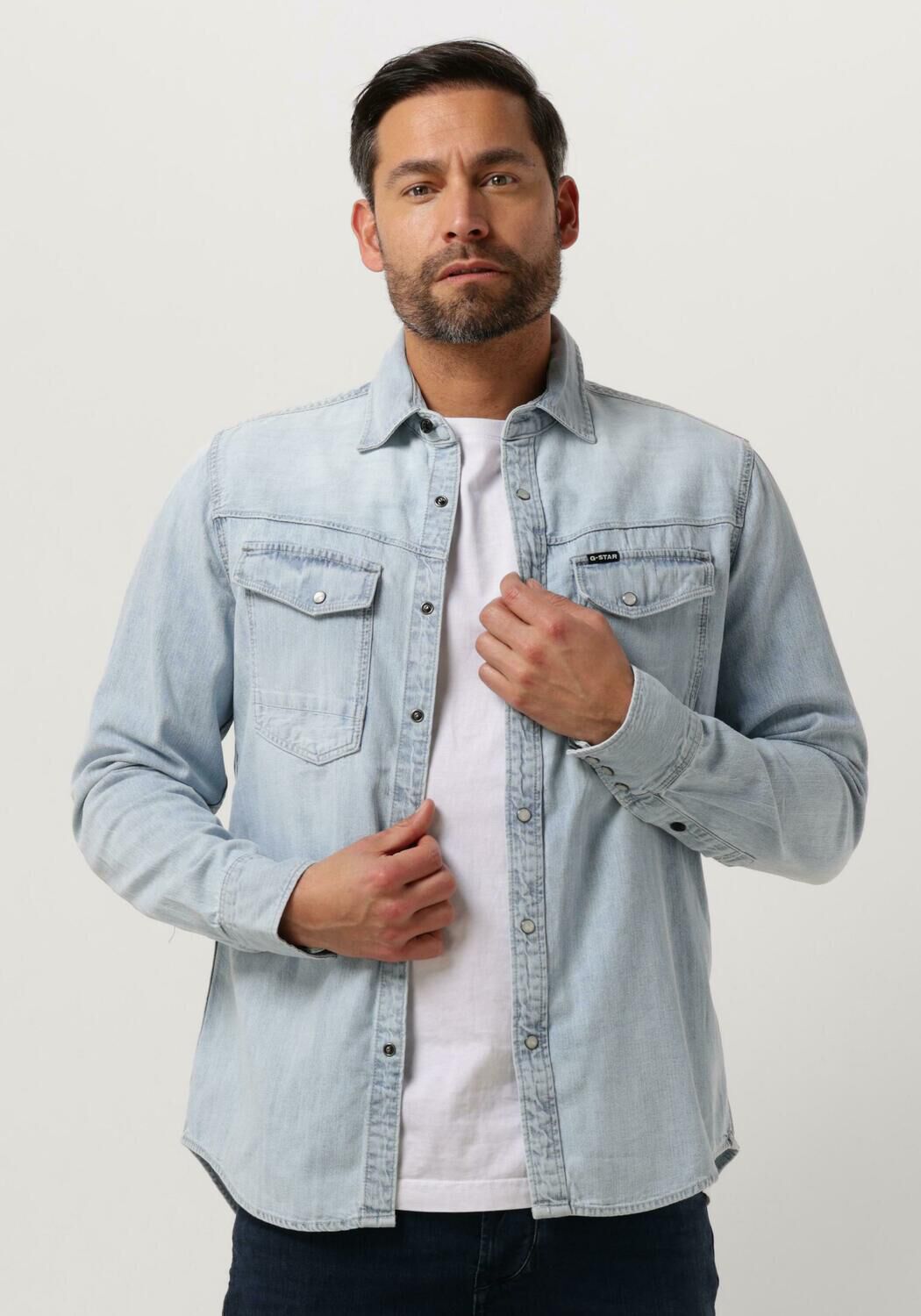 lichtblauwe g star raw casual overhemd slim denim shirt