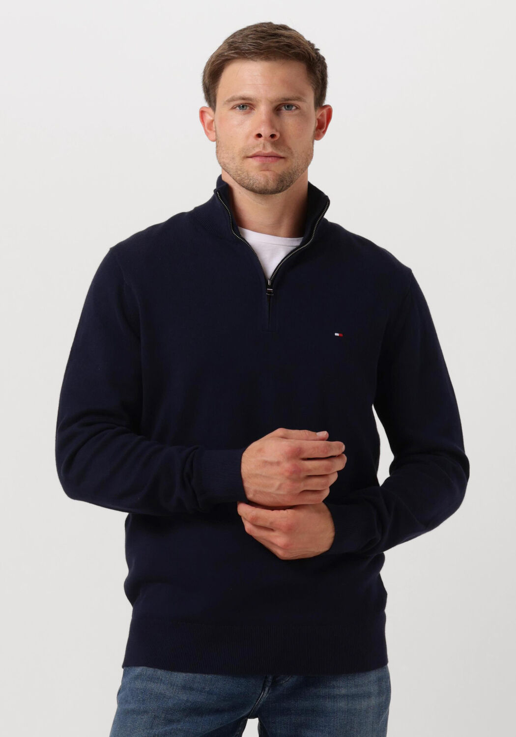 donkerblauwe tommy hilfiger trui pima org ctn cashmere zip mock