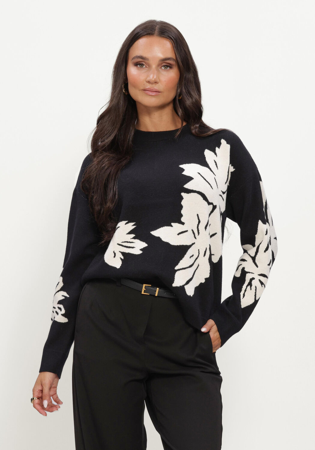 Zwarte OBJECT Trui OBJRAY LO L/S KNIT PULLOVER AOP NOOS - large