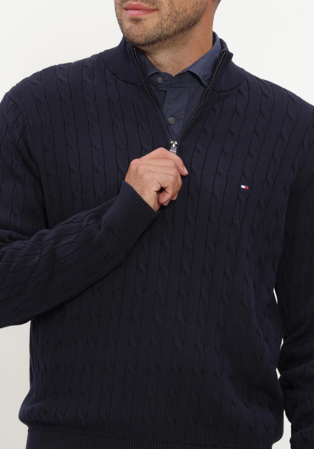 TOMMY HILFIGER Pull CLASSIC COTTON CABLE ZIP MOCK Bleu fonc&eacute; - large