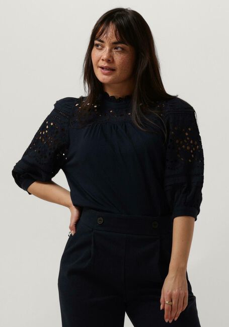 Donkerblauwe RUBY TUESDAY Top SALINA HALF SLEEVES BLOUSE WITH RUFFLE NECK AND EMBRO DETAILS - large