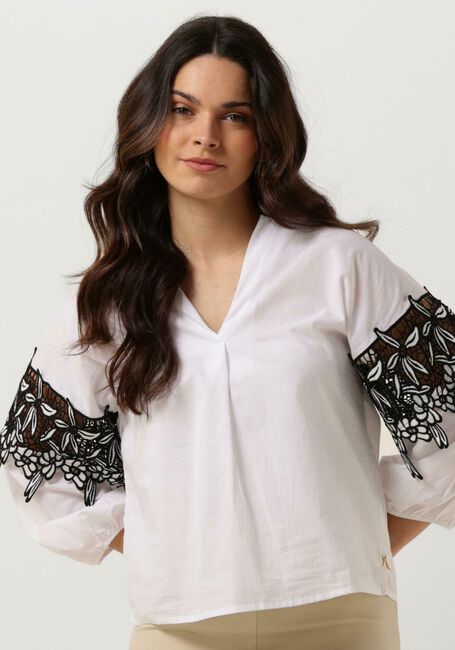 Witte JANSEN AMSTERDAM  CV777 COTTON VOILE BLOUSE WITH BLACK/WHITE LACE DETAIL 3/4 SLEEVE - large