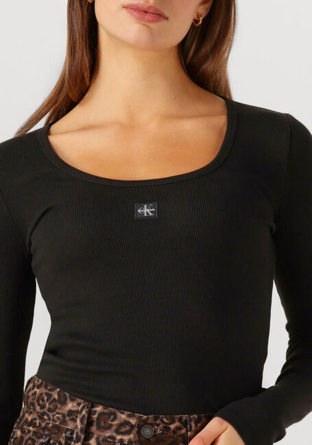 Zwarte CALVIN KLEIN Top LS WOVEN LABEL 2X2 RIB SCOOP NEC - large