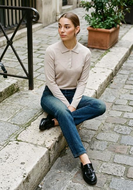 Beige SELECTED WOMEN Polo SLFTHEA LS KNIT MERINO COLLAR NECK - large