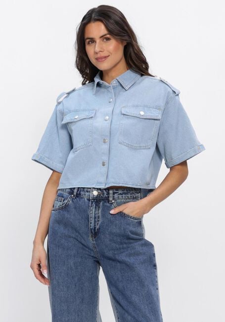 Lichtblauwe ALIX THE LABEL  LADIES WOVEN FLOWY DENIM SHORTSLEEVE BLOUSE - large