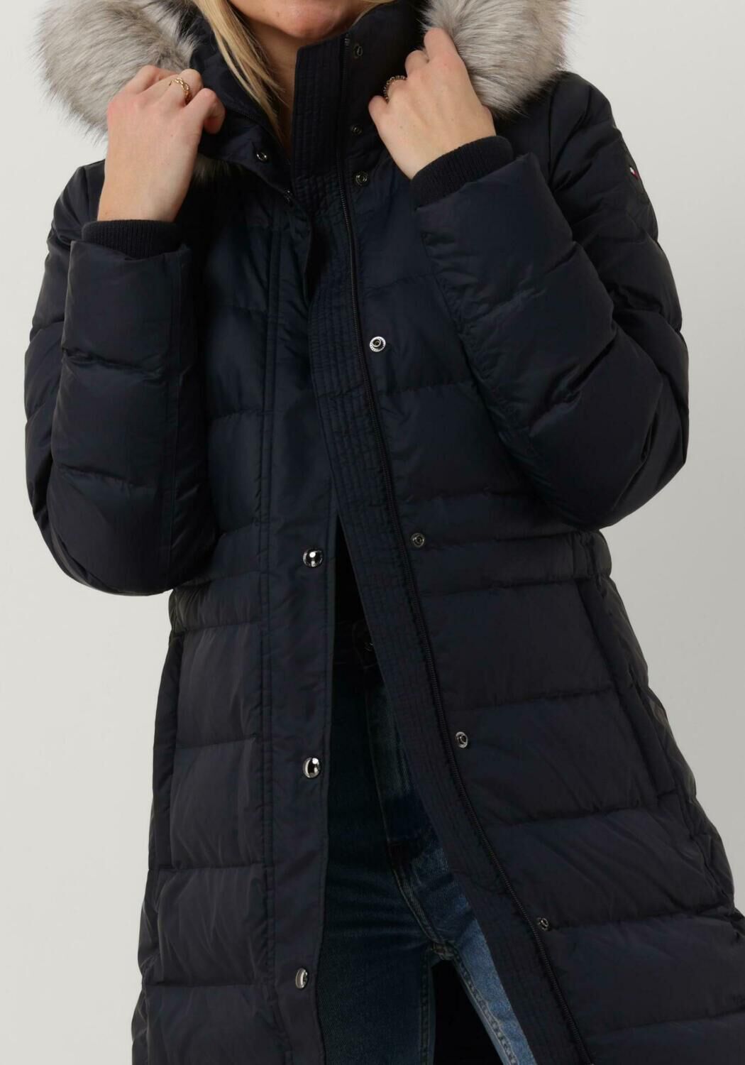 donkerblauwe tommy hilfiger gewatteerde jas tyra down coat with fur