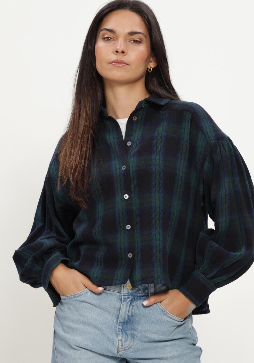 Donkerblauwe BY-BAR  SARAH SHORT GREEN CHECK BLOUSE - large