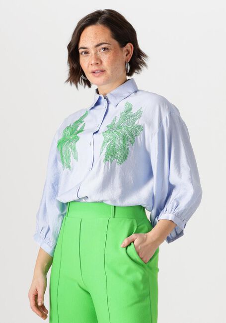 Blauwe JANSEN AMSTERDAM  ODESSA BLOUSE FS 707 3/4 PUFFED SLEEVE GREEN EMBROIDERY - large