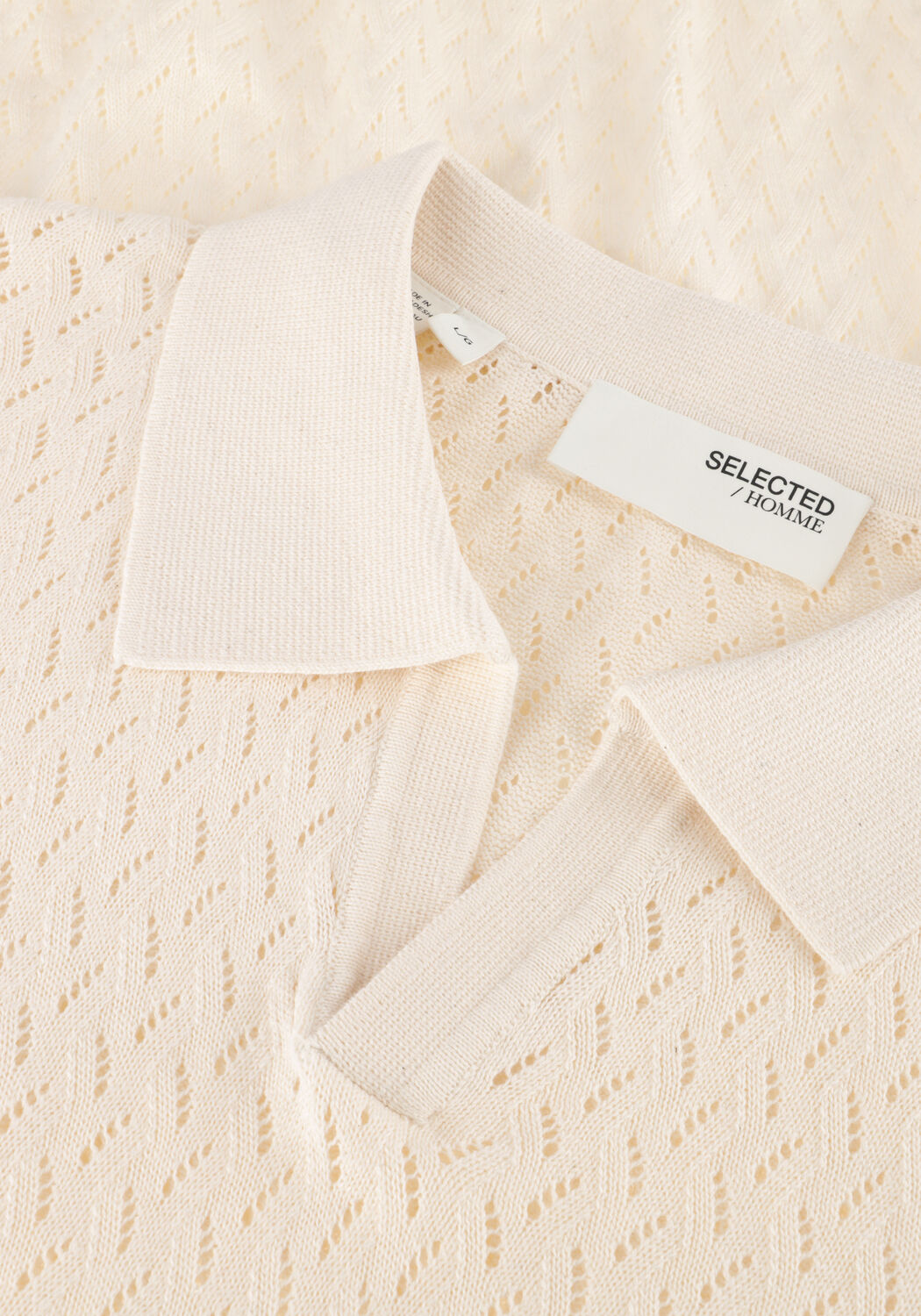 Ecru SELECTED MEN Polo SHLINO SS KNIT CROCHET OPEN POLO - large