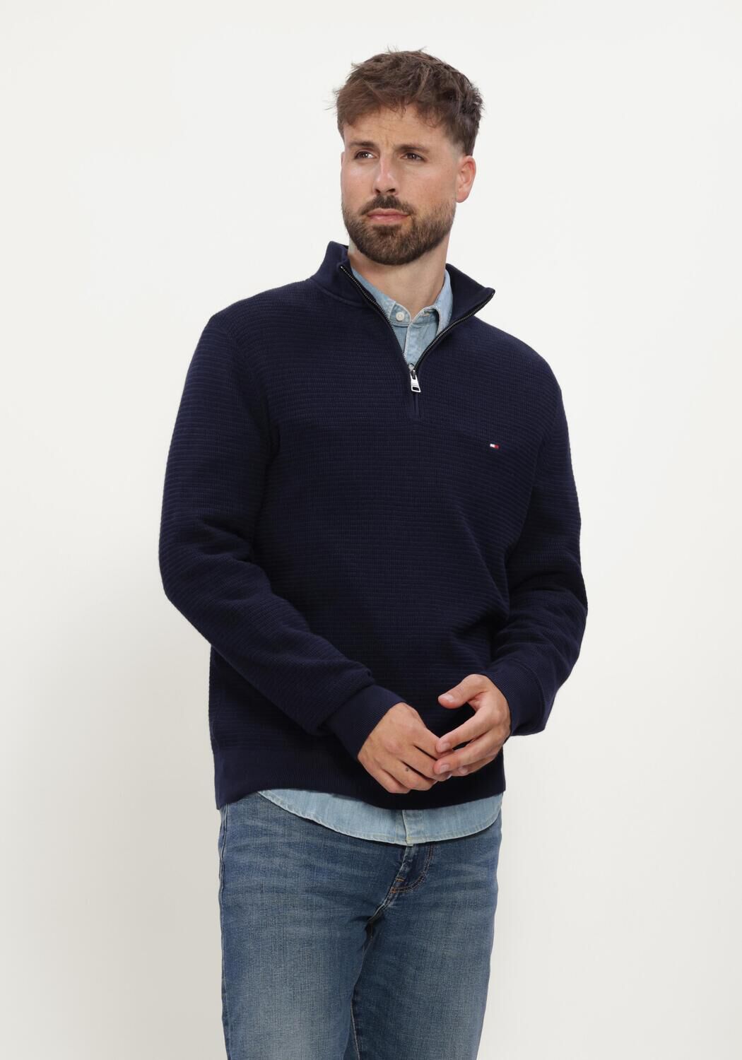 Donkerblauwe TOMMY HILFIGER Trui PIMA CTN CASH STRUCTURE ZIP MOCK - large