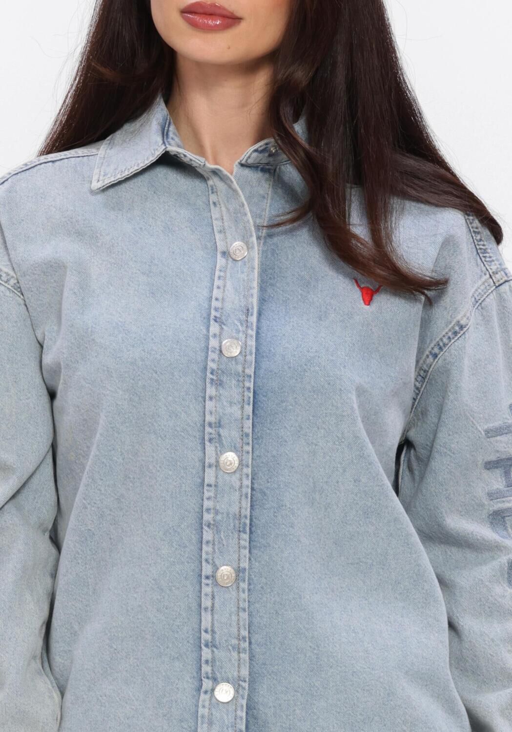 Lichtblauwe ALIX THE LABEL  LADIES WOVEN FLOWY DENIM OVERSIZED BLOUSE - large