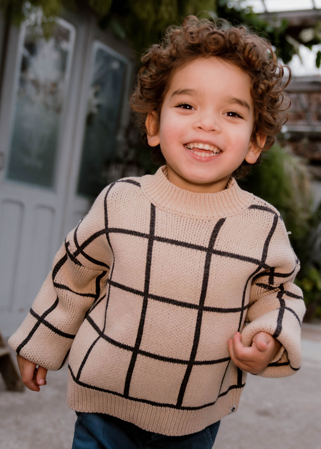 Beige DAILY7 Trui KNITTED SWEATER BIG CHECK - large