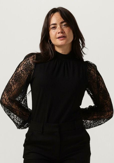 Zwarte JANSEN AMSTERDAM Blouse V107 TOP WITH LACE SLEEVES AND TURTLE NECK - large