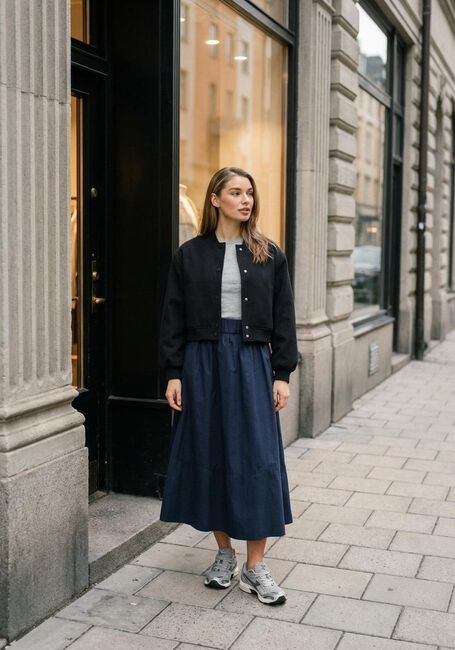 NEO NOIR Jupe midi YARA POPLIN SKIRT Bleu fonc&eacute; - large