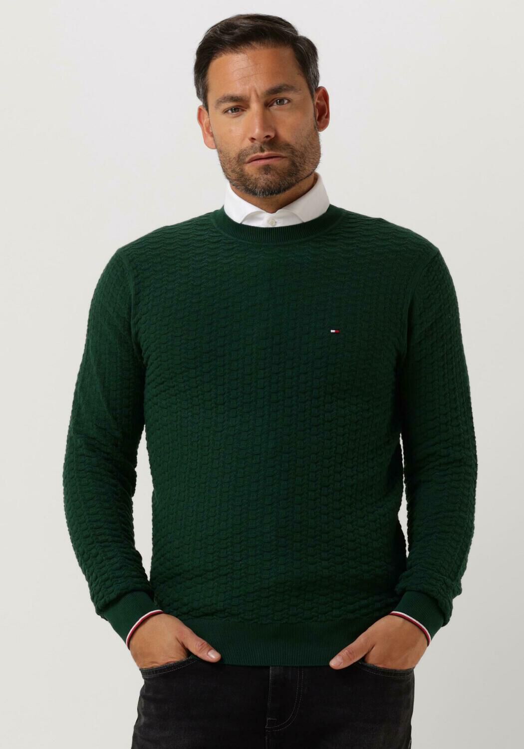 donkergroene tommy hilfiger trui exaggerated structure crew neck