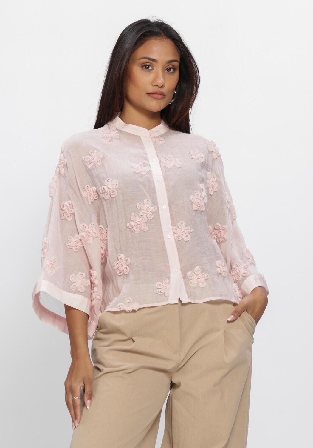 JANSEN AMSTERDAM MARNEY BLOUSE 3DF1 759 WIDE KIMONO SLEEVE 3D FLOWERS Blouses Rose clair - large