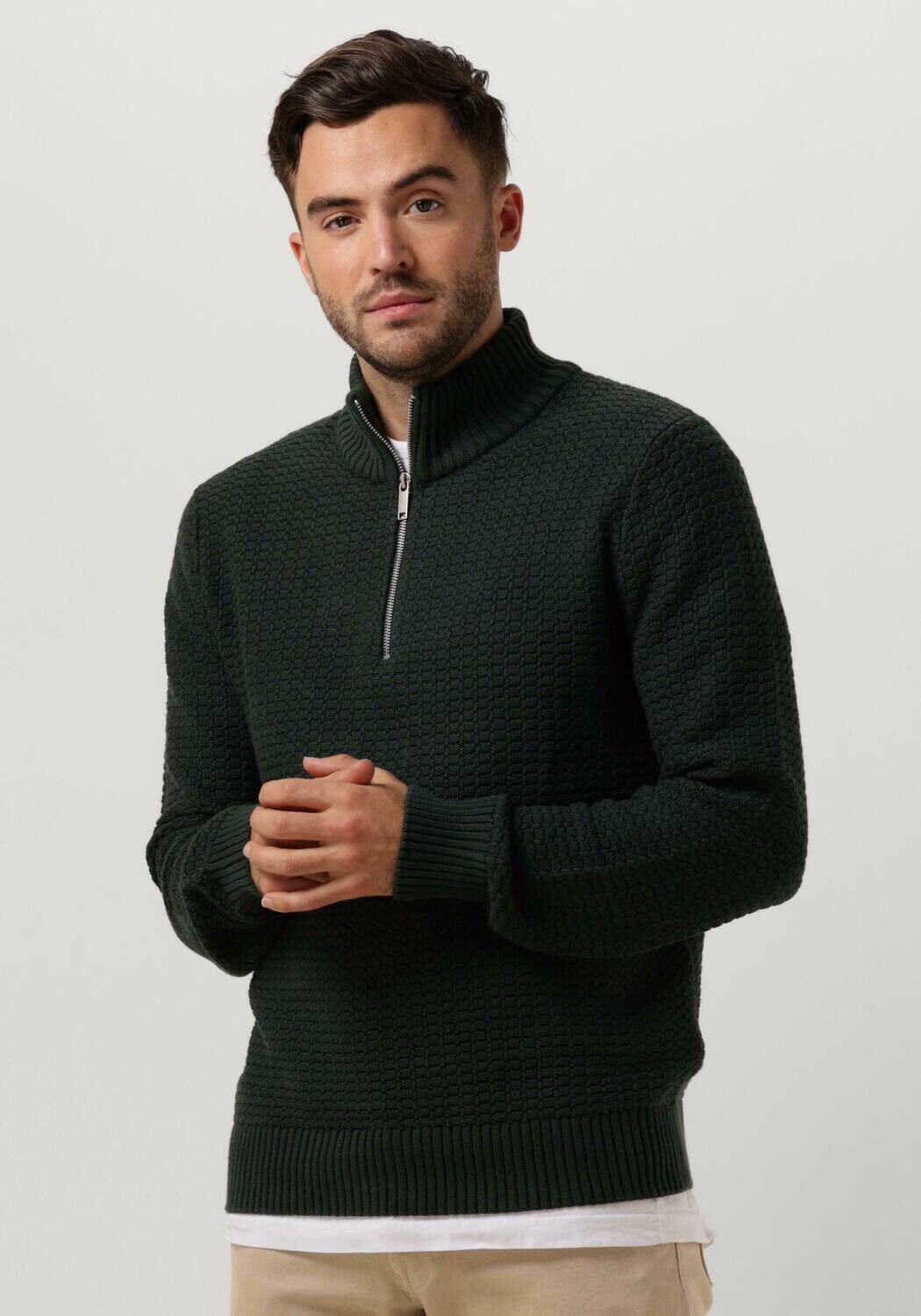 Donkergroene SELECTED HOMME Trui SLHTHIM LS KNIT STRUCTURE HALF ZIP Omoda