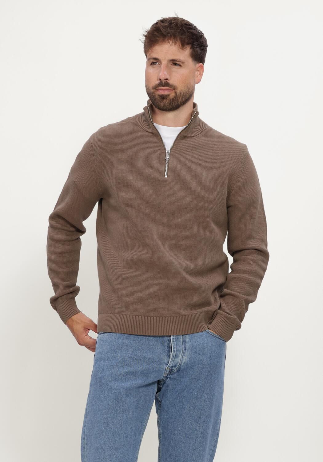 Camel SELECTED MEN Trui SLHDANE LS KNIT STRUCTURE HALF ZIP NOOS - large