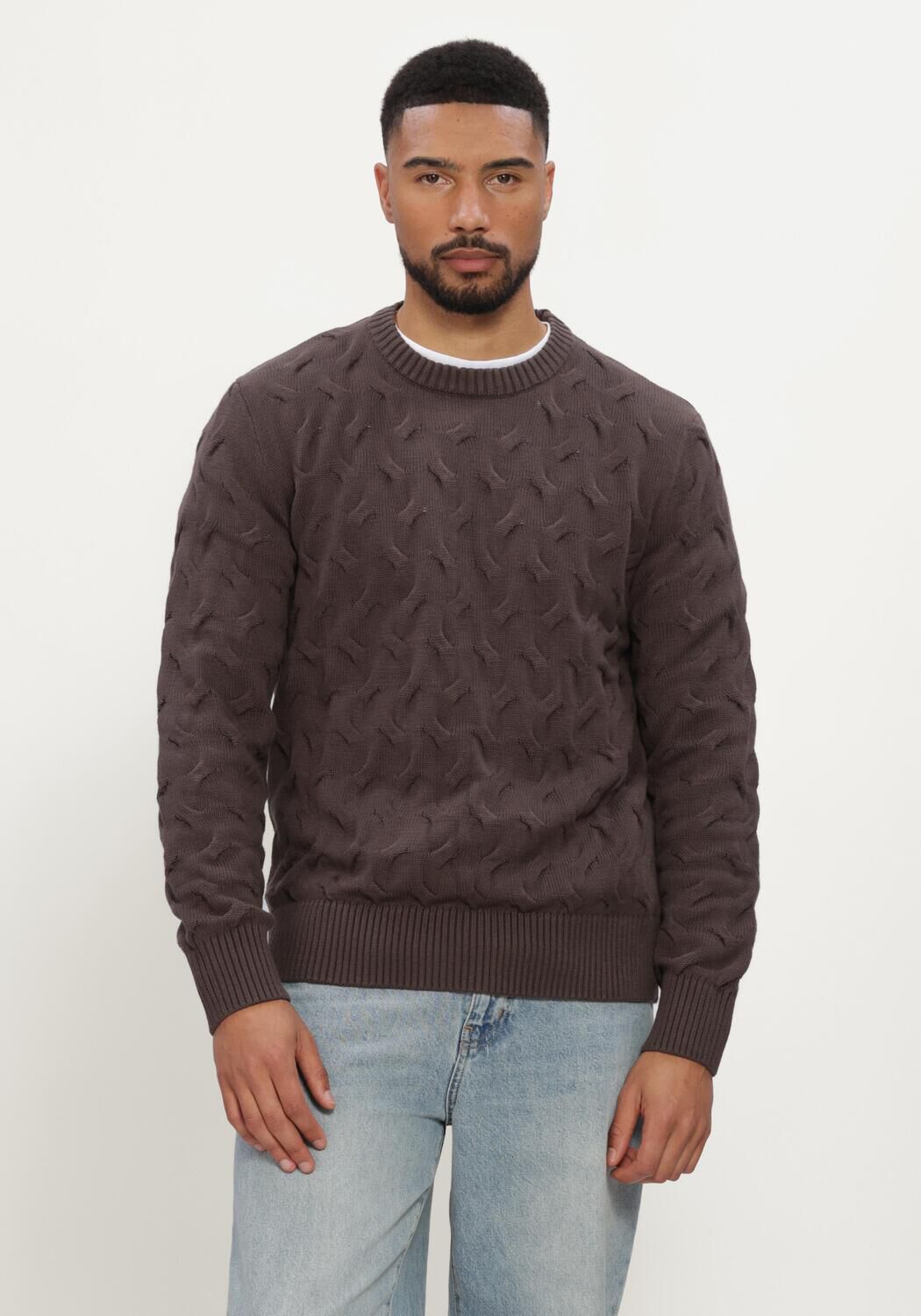 Bruine SELECTED MEN Trui SLMCARLOS LS CABLE CREW NECK - large