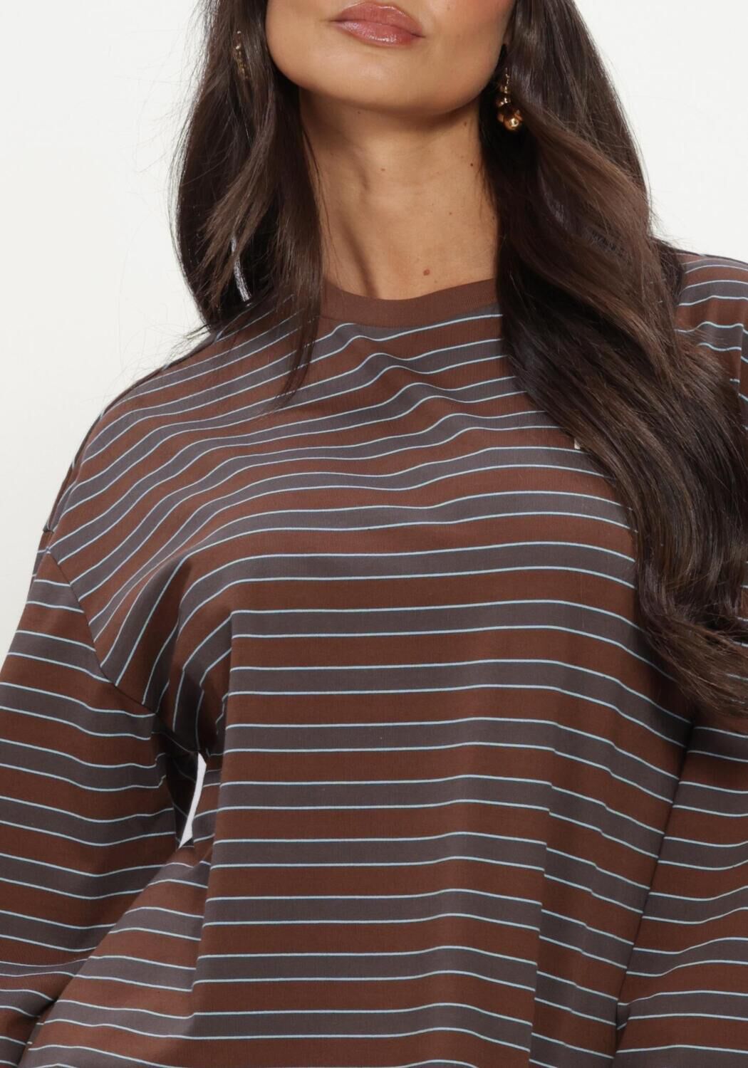 Bruine REFINED DEPARTMENT T-shirt LADIES KNITTED OVERSIZED STRIPED LONGSLEEVE AMELIE - large