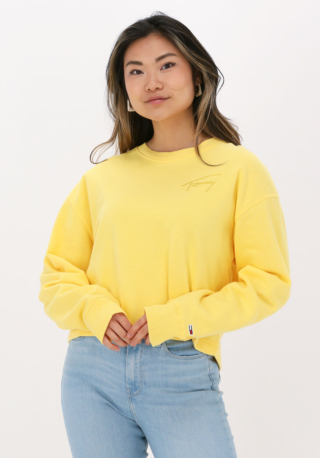 gele tommy jeans sweater tjw crop tommy signature crew
