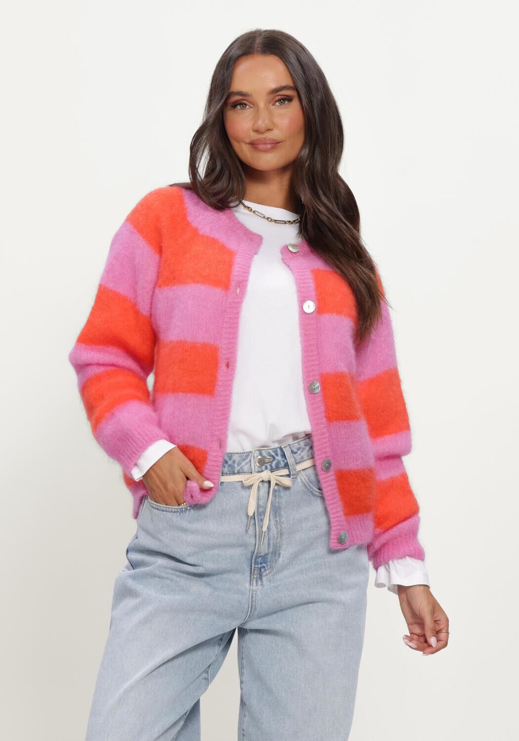 Roze TWNS Vest STRIPED BUTTONED ROUND NECK LONG-SLEEVE CARDIGAN - large