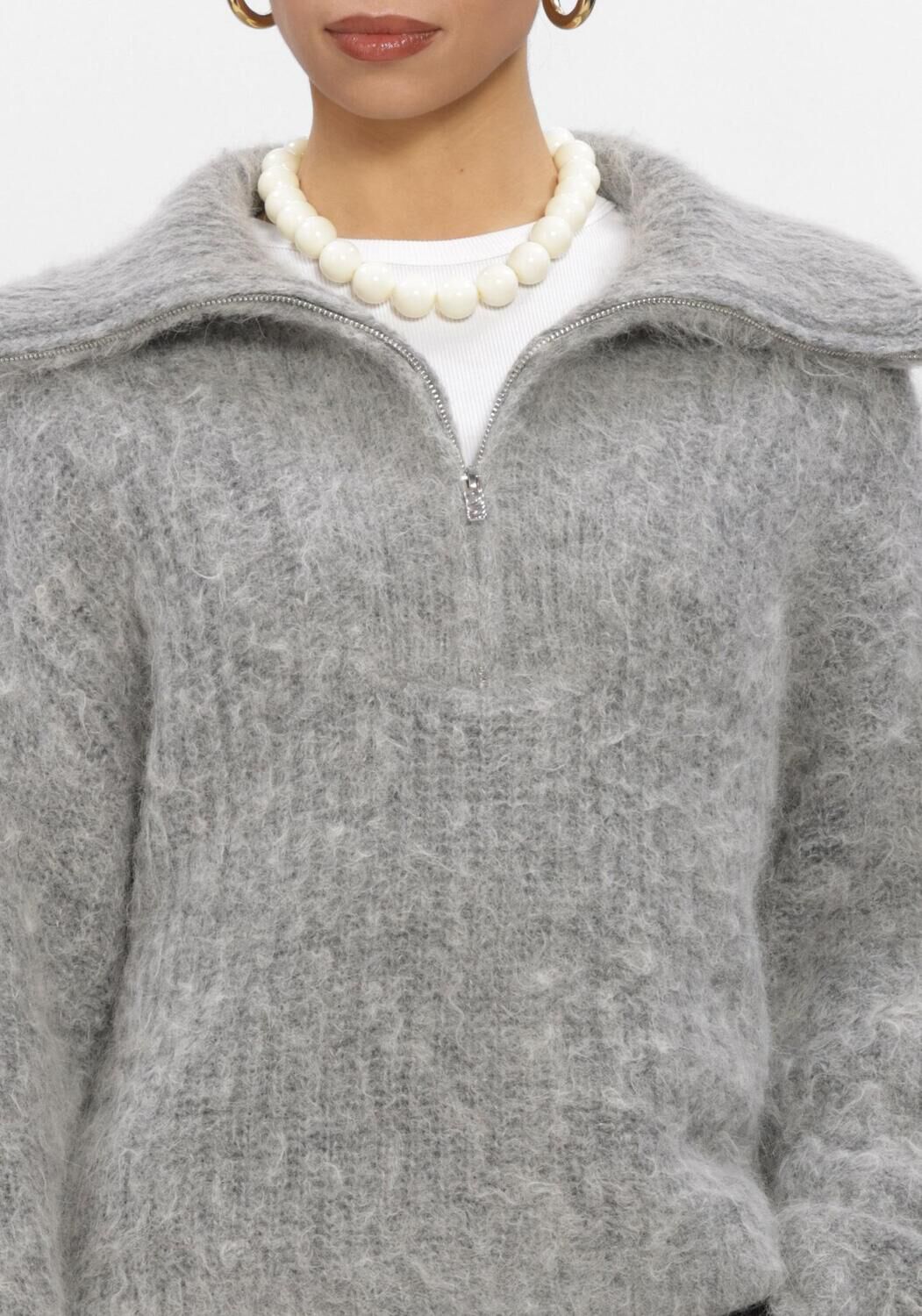 DANTE6 Pull EMYLA ZIP SWEATER en gris - large