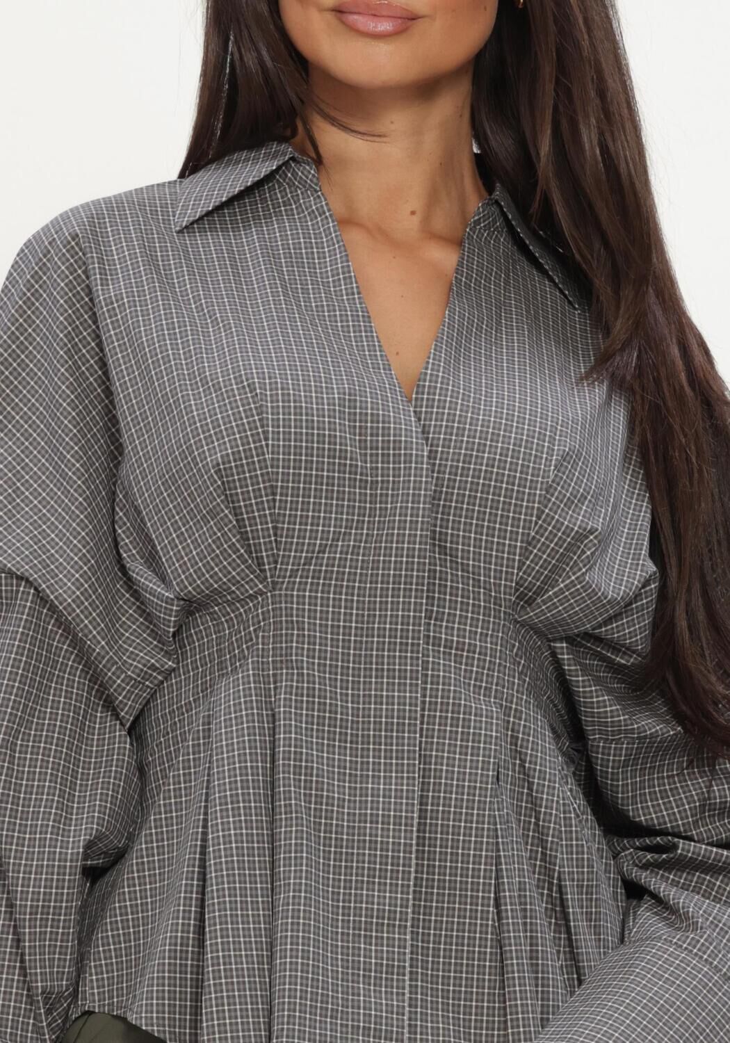 Grijze CATWALK JUNKIE  CHECK BLOUSE WITH WAIST PLEATS - large