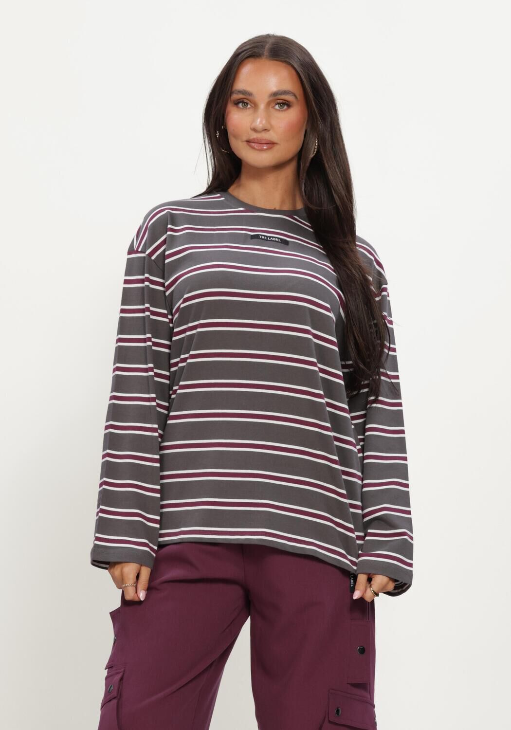 ALIX THE LABEL LADIES KNITTED STRIPE LONGSLEEVE T-SHIRT Hauts & T-shirts en gris - large