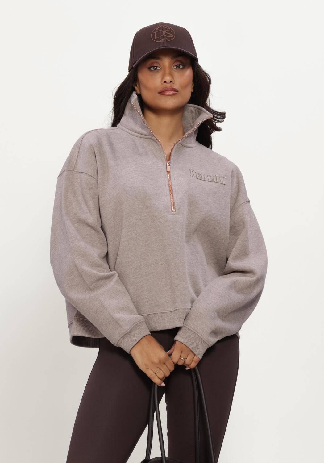 Taupe DEBLON SPORTS Sweater AISHA HALF ZIP SWEATER - large