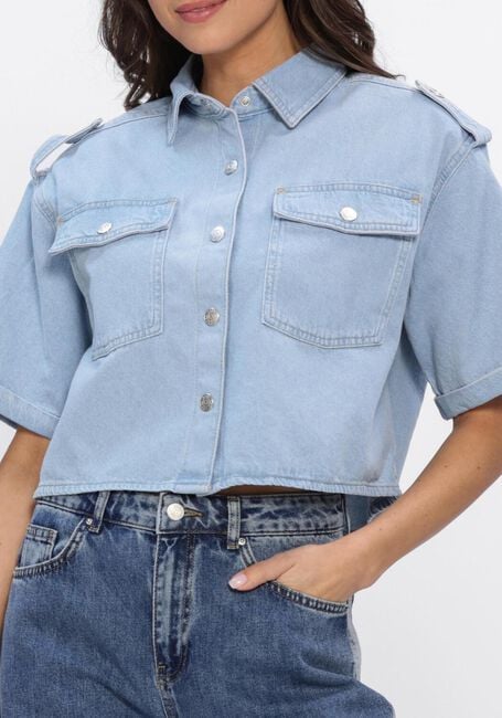 Lichtblauwe ALIX THE LABEL  LADIES WOVEN FLOWY DENIM SHORTSLEEVE BLOUSE - large