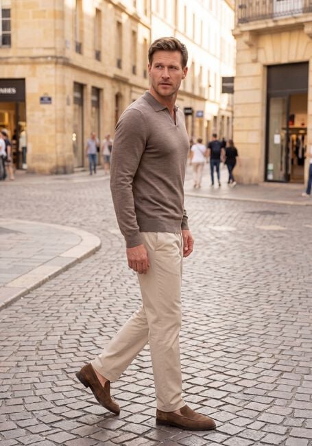 Taupe PROFUOMO Trui POLO OPEN COLLAR LS EXTRAFINE MERINO - large