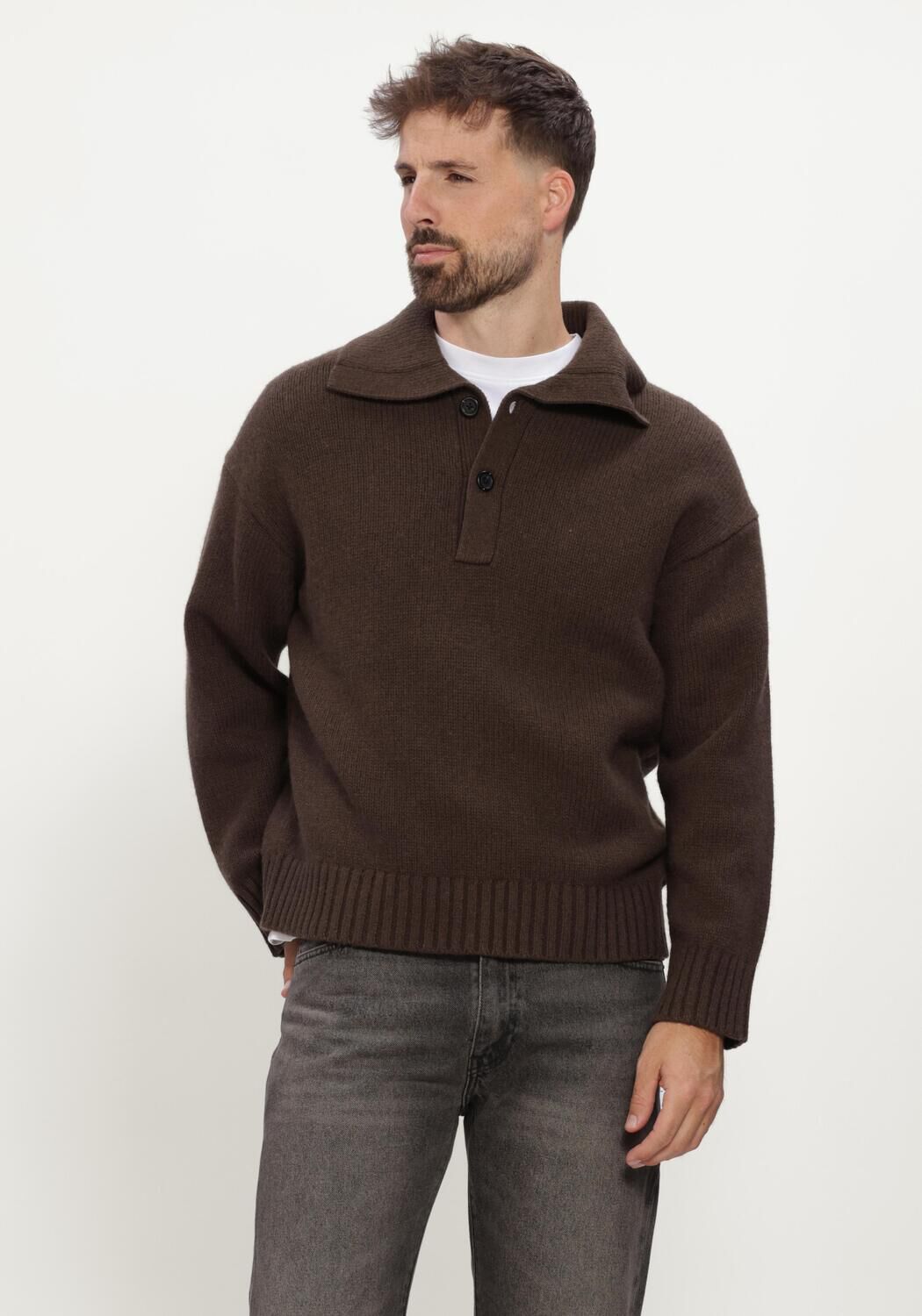 SELECTED MEN Polo SLMCODY LS KNIT POLO COLLAR en marron - large
