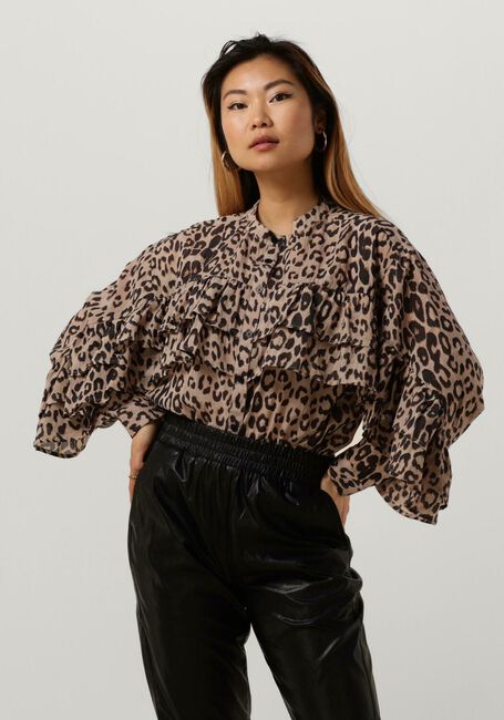 Bruine ALIX THE LABEL  LADIES WOVEN ANIMAL RUFFLE BLOUSE - large