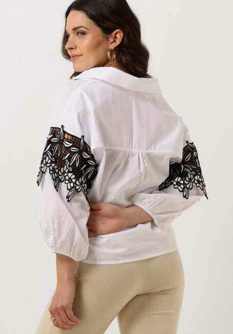 Witte JANSEN AMSTERDAM Blouse CV777 COTTON VOILE BLOUSE WITH BLACK/WHITE LACE DETAIL 3/4 SLEEVE - large