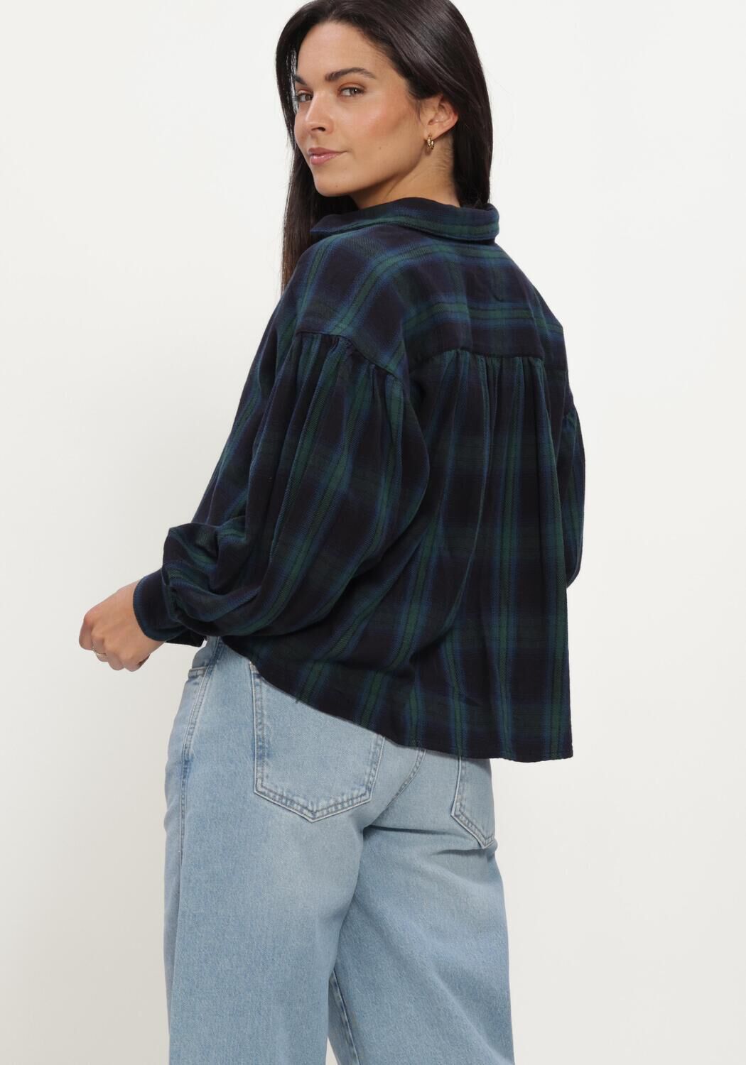 Donkerblauwe BY-BAR  SARAH SHORT GREEN CHECK BLOUSE - large