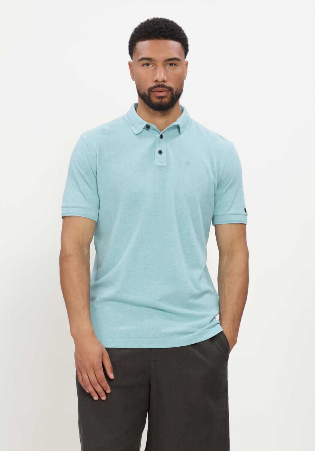 Lichtblauwe CAST IRON Polo SHORT SLEEVE POLO SLIM FIT POPCORN JERSEY MELANGE - large